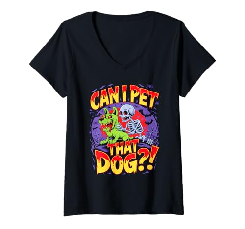 Damen Can I Pet That Dog?! Funny Skeleton Halloween Bootleg T-Shirt mit V-Ausschnitt von Spooky Skeleton Dog Bootleg Halloween Meme