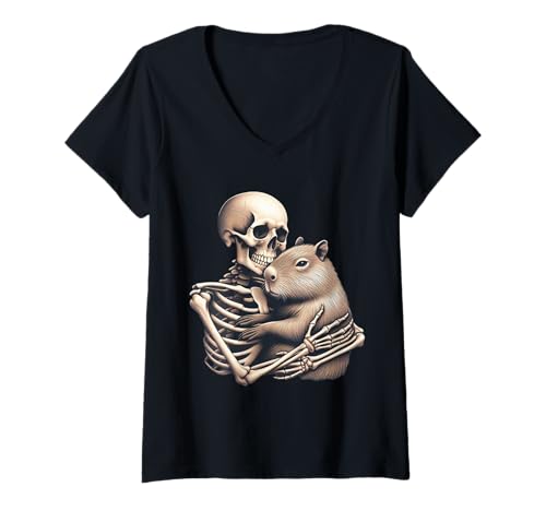 Damen Gruseliges süßes Halloween-Capybara, das Skelett umarmt T-Shirt mit V-Ausschnitt Damen Gruseliges süßes Halloween-Capybara, das Skelett umarmt T-Shirt mit V-Ausschnitt von Spooky Skeleton Goth Capybara Lover Halloween