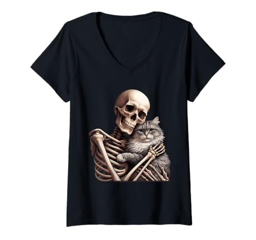 Damen Skelett umarmende Katze gruselig niedlich Halloween T-Shirt mit V-Ausschnitt Damen Skelett umarmende Katze gruselig niedlich Halloween T-Shirt mit V-Ausschnitt von Spooky Skeleton Goth Cat Lover Halloween