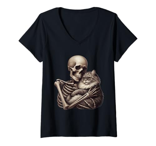 Damen Skelett umarmende Katze gruselig niedlich Halloween T-Shirt mit V-Ausschnitt Damen Skelett umarmende Katze gruselig niedlich Halloween T-Shirt mit V-Ausschnitt von Spooky Skeleton Goth Cat Lover Halloween