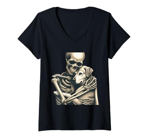 Damen Skelett umarmender Hund gruselig niedlich Halloween T-Shirt mit V-Ausschnitt Damen Skelett umarmender Hund gruselig niedlich Halloween T-Shirt mit V-Ausschnitt von Spooky Skeleton Goth Dog Lover Halloween