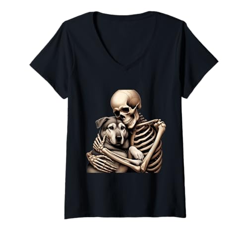 Damen Skelett umarmender Hund gruselig niedlich Halloween T-Shirt mit V-Ausschnitt Damen Skelett umarmender Hund gruselig niedlich Halloween T-Shirt mit V-Ausschnitt von Spooky Skeleton Goth Dog Lover Halloween