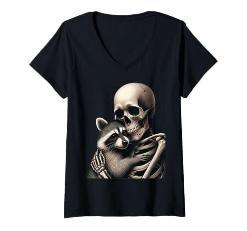 Damen Skelett Umarmung Waschbär Gruselig Niedlich Halloween T-Shirt mit V-Ausschnitt Damen Skelett Umarmung Waschbär Gruselig Niedlich Halloween T-Shirt mit V-Ausschnitt von Spooky Skeleton Goth Racoon Lover Halloween