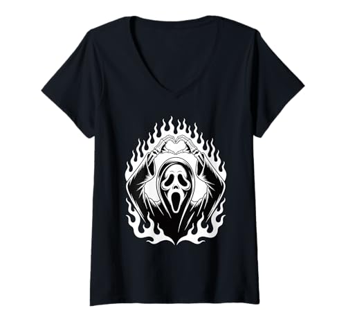 Damen Halloween Scary Face Horror Creepy Ghost Heart Hands Spooky T-Shirt mit V-Ausschnitt von Spooky Skeleton Halloween Horror Art Lovers