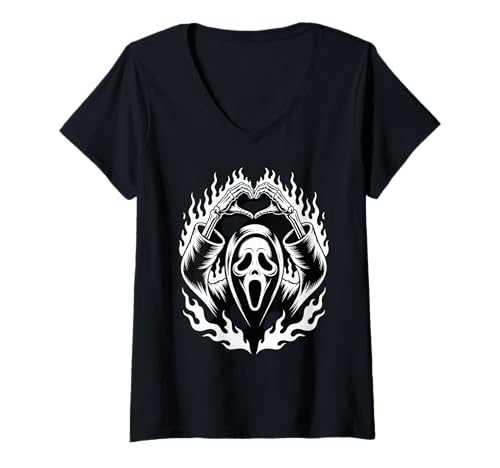 Damen Halloween Scary Face Horror Creepy Ghost Heart Hands Spooky T-Shirt mit V-Ausschnitt von Spooky Skeleton Halloween Horror Art Lovers