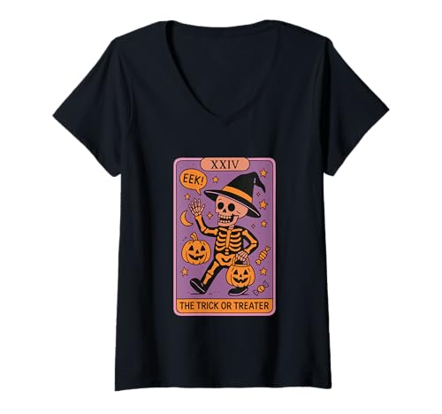 Damen Eek The Trick Or Treater Tarotkarte T-Shirt mit V-Ausschnitt Damen Eek The Trick Or Treater Tarotkarte T-Shirt mit V-Ausschnitt von Spooky Skeleton Halloween Tarot Fun