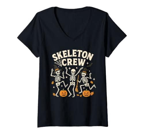 Damen Skelett Crew Lustige Halloween Tanzende Skelette T-Shirt mit V-Ausschnitt von Spooky Skeleton Halloween Vibes