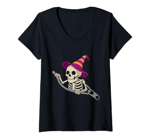 Damen Skelett in einem Hexenhut aus einem Reißverschluss für Halloween T-Shirt mit V-Ausschnitt Damen Skelett in einem Hexenhut aus einem Reißverschluss für Halloween T-Shirt mit V-Ausschnitt von Spooky Skeleton Style for Halloween Fun