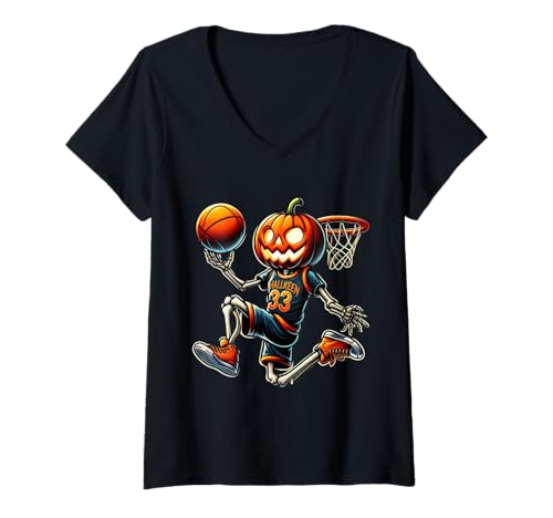 Damen Kürbis Basketball Halloween Skelett Dunk T-Shirt mit V-Ausschnitt Damen Kürbis Basketball Halloween Skelett Dunk T-Shirt mit V-Ausschnitt von Spooky Slam Dunk Skeleton Pumpkin Sports Costume
