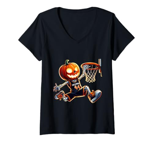 Damen Kürbis Basketball Halloween Skelett Dunk T-Shirt mit V-Ausschnitt Damen Kürbis Basketball Halloween Skelett Dunk T-Shirt mit V-Ausschnitt von Spooky Slam Dunk Skeleton Pumpkin Sports Costume