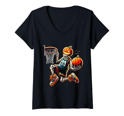 Damen Kürbis Basketball Halloween Skelett Dunk T-Shirt mit V-Ausschnitt Damen Kürbis Basketball Halloween Skelett Dunk T-Shirt mit V-Ausschnitt von Spooky Slam Dunk Skeleton Pumpkin Sports Costume