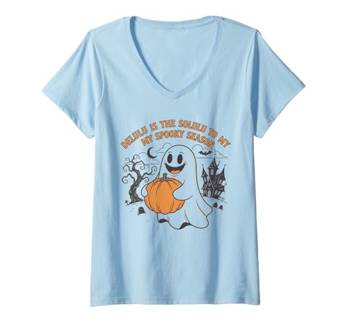 Damen Delulu is The Solulu Spooky Season Lustiger Halloween-Geist T-Shirt mit V-Ausschnitt Damen Delulu is The Solulu Spooky Season Lustiger Halloween-Geist T-Shirt mit V-Ausschnitt von Spooky Slang Co