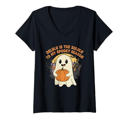 Damen Delulu is The Solulu Spooky Season Lustiger Halloween-Geist T-Shirt mit V-Ausschnitt Damen Delulu is The Solulu Spooky Season Lustiger Halloween-Geist T-Shirt mit V-Ausschnitt von Spooky Slang Co