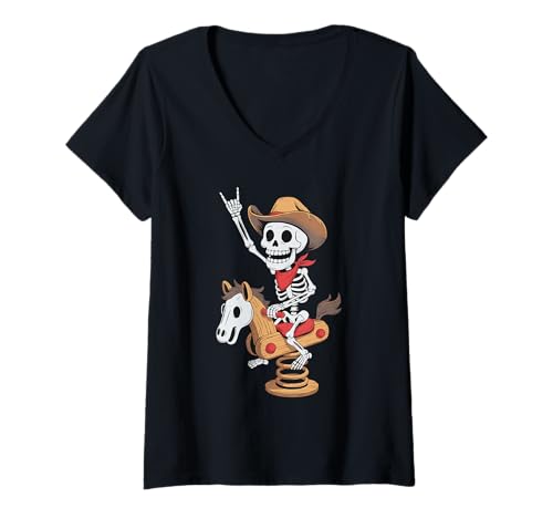 Damen Pferd Springwippe Spielplatz Cowboy Skelett Halloween T-Shirt mit V-Ausschnitt von Spooky Spring Rockers for Kids