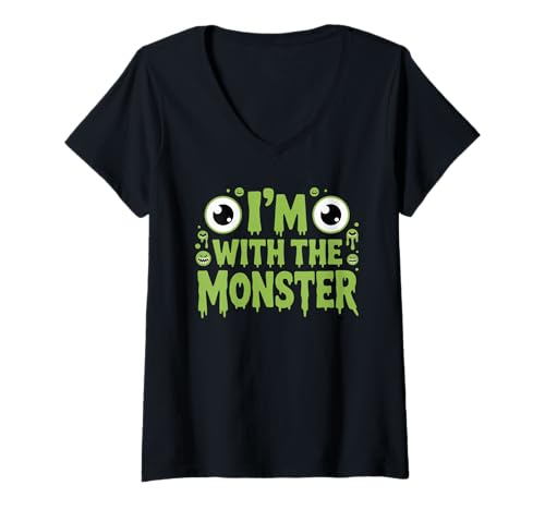 Damen I'm with The Monster Halloween-Kostüm Dad Mom Group T-Shirt mit V-Ausschnitt von Spooky Squad Apparel Co.