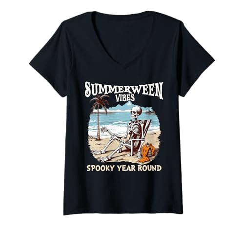Damen Summerween Skelett Sommer zwischen gruseligem Sommer T-Shirt mit V-Ausschnitt Damen Summerween Skelett Sommer zwischen gruseligem Sommer T-Shirt mit V-Ausschnitt von Spooky Summer Summerween Tee