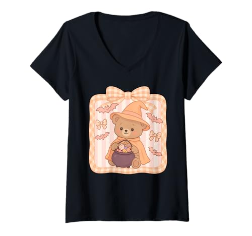 Damen Pastellfarbener Halloween-Bär mit Süßigkeiten und Fledermäusen T-Shirt mit V-Ausschnitt Damen Pastellfarbener Halloween-Bär mit Süßigkeiten und Fledermäusen T-Shirt mit V-Ausschnitt von Spooky Sweet Art
