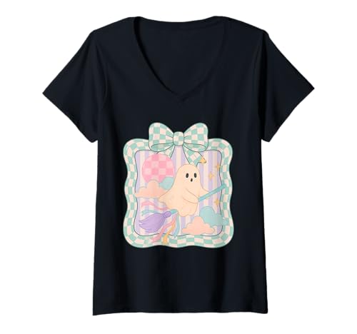 Damen Pastellfarbenes Gingham-Geist auf Besenstiel, Halloween-Design T-Shirt mit V-Ausschnitt Damen Pastellfarbenes Gingham-Geist auf Besenstiel, Halloween-Design T-Shirt mit V-Ausschnitt von Spooky Sweet Art