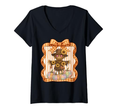 Damen Pastellfarbene Kürbis-Vogelscheuche mit Gingham-Herbstrahmen T-Shirt mit V-Ausschnitt Damen Pastellfarbene Kürbis-Vogelscheuche mit Gingham-Herbstrahmen T-Shirt mit V-Ausschnitt von Spooky Sweet Harvest