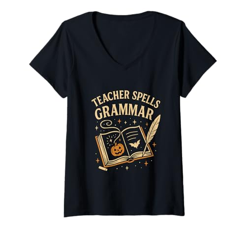 Damen Lehrer Zaubersprüche Grammatik Halloween Magie T-Shirt mit V-Ausschnitt Damen Lehrer Zaubersprüche Grammatik Halloween Magie T-Shirt mit V-Ausschnitt von Spooky Teacher Classroom Vibes