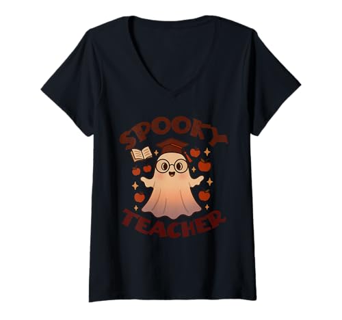 Damen Gruseliger Lehrer, niedlicher Geist, Retro-Design, lustiges Lehrer-Halloween T-Shirt mit V-Ausschnitt von Spooky Teacher Ghost Funny Teacher Halloween