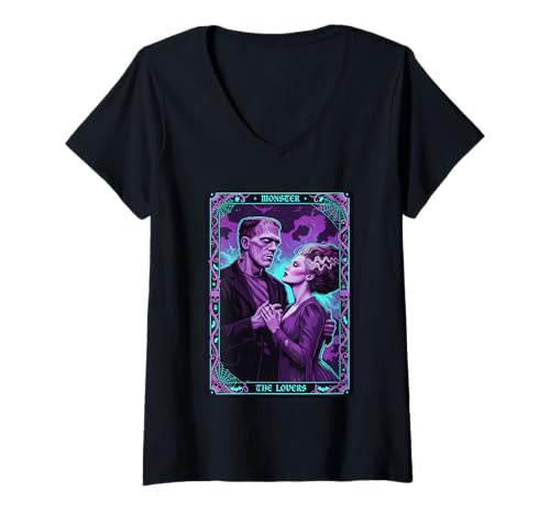 Damen Monster Frankenstein Bride The Lovers Tarotkarte Halloween T-Shirt mit V-Ausschnitt Damen Monster Frankenstein Bride The Lovers Tarotkarte Halloween T-Shirt mit V-Ausschnitt von Spooky The Lovers Tarot Card Halloween Gifts