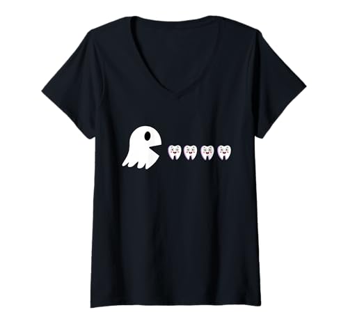 Damen Lustiges Halloween-Zahnarzt-Squad Retro Ghost isst Zähne Spiel T-Shirt mit V-Ausschnitt von Spooky Tooth Hunt Retro Ghost Halloween