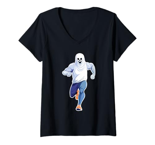 Damen Gruseliger gruseliger Geist Halloween Läufer Marathon Gym Workout T-Shirt mit V-Ausschnitt Damen Gruseliger gruseliger Geist Halloween Läufer Marathon Gym Workout T-Shirt mit V-Ausschnitt von Spooky Treat Halloween Tricks