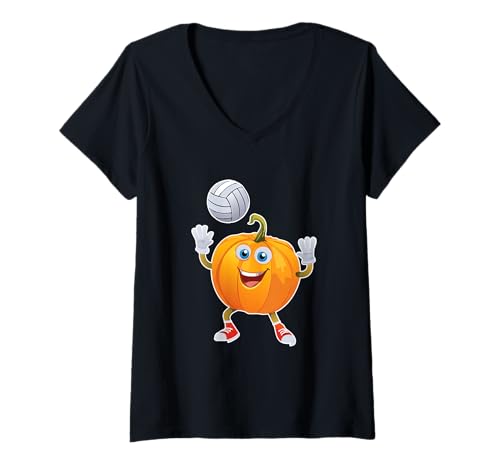 Damen Lustiger Kürbis spielt Volleyball Halloween Team Club T-Shirt mit V-Ausschnitt Damen Lustiger Kürbis spielt Volleyball Halloween Team Club T-Shirt mit V-Ausschnitt von Spooky Treat Halloween Tricks