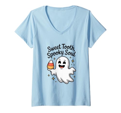 Damen Süße Geisterbonbons Sweet Tooth Spooky Soul Halloween T-Shirt mit V-Ausschnitt Damen Süße Geisterbonbons Sweet Tooth Spooky Soul Halloween T-Shirt mit V-Ausschnitt von Spooky Treats and Ghostly Delights Merchandise