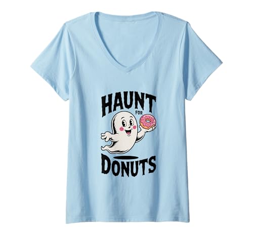 Damen Haunt for Donuts Ghost Halloween Lustig T-Shirt mit V-Ausschnitt Damen Haunt for Donuts Ghost Halloween Lustig T-Shirt mit V-Ausschnitt von Spooky Treats and Sweet Treats Merch Co.