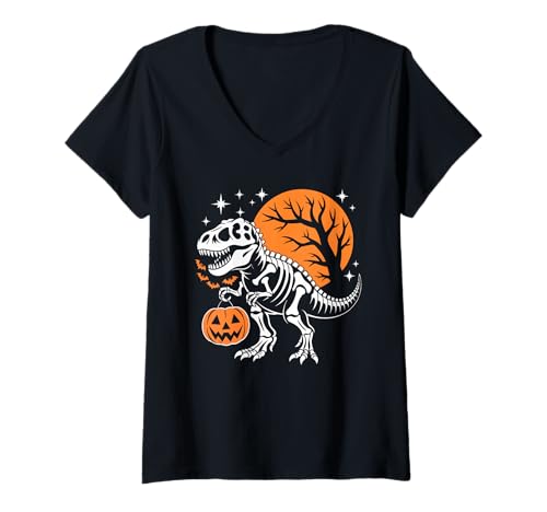 Damen T-Rex Skelett Halloween Dinosaurier Dino Kostüm Erwachsene Kinder T-Shirt mit V-Ausschnitt von Spooky Trex Skeleton Halloween Prehistoric Fun
