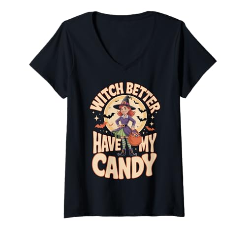 Damen Lustiges Halloween Trick or Treat Witch Better Hame My Candy T-Shirt mit V-Ausschnitt Damen Lustiges Halloween Trick or Treat Witch Better Hame My Candy T-Shirt mit V-Ausschnitt von Spooky Trick or Treat Costumes for Halloween
