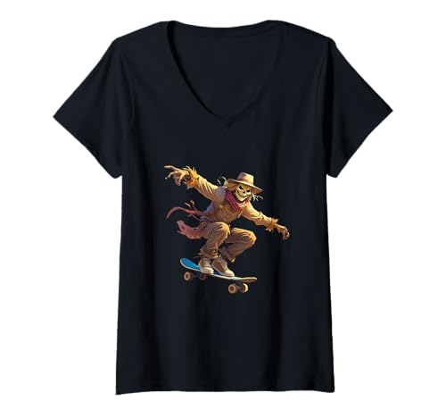 Damen Gruseliges gruseliges Halloween-Skelett Vogelscheuche Skater Junge Mädchen T-Shirt mit V-Ausschnitt von Spooky Trick or Treat Halloween Inc