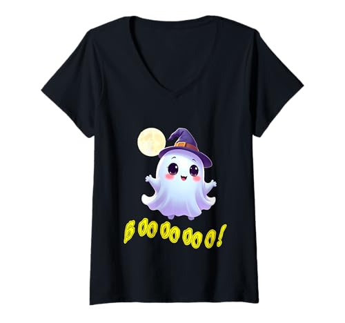 Damen Niedliche Halloween-Parade Geist Witch gruseliger Lehrer T-Shirt mit V-Ausschnitt von Spooky Trick or Treat Halloween Inc