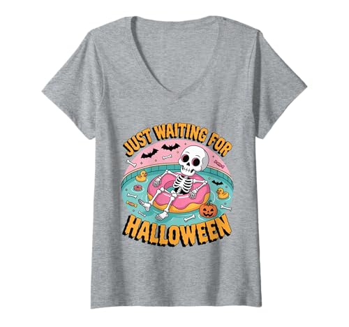 Damen Summerween Skeleton Funny Halloween Summer T-Shirt mit V-Ausschnitt Damen Summerween Skeleton Funny Halloween Summer T-Shirt mit V-Ausschnitt von Spooky Tropical Halloween Summer Skeleton Gift