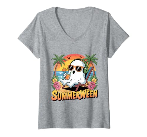 Damen Summerween Skeleton Ghost Funny Halloween T-Shirt mit V-Ausschnitt Damen Summerween Skeleton Ghost Funny Halloween T-Shirt mit V-Ausschnitt von Spooky Tropical Halloween Summer Skeleton Gift