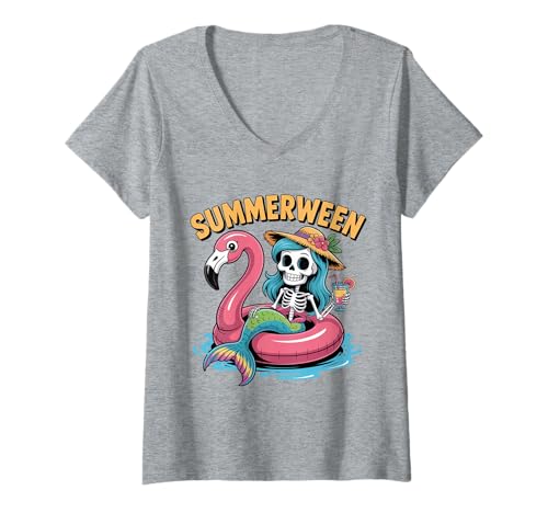 Damen Summerween Skeleton Mermaid Funny Halloween T-Shirt mit V-Ausschnitt Damen Summerween Skeleton Mermaid Funny Halloween T-Shirt mit V-Ausschnitt von Spooky Tropical Halloween Summer Skeleton Gift
