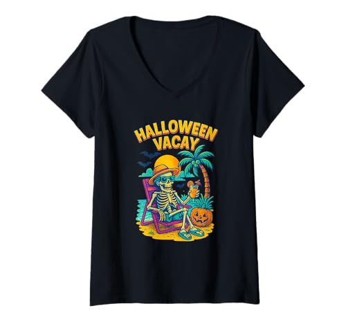 Damen Halloween Vacay Funny Skeleton Beach Sunset Design T-Shirt mit V-Ausschnitt von Spooky Tropical Skeleton Halloween Vacation Art