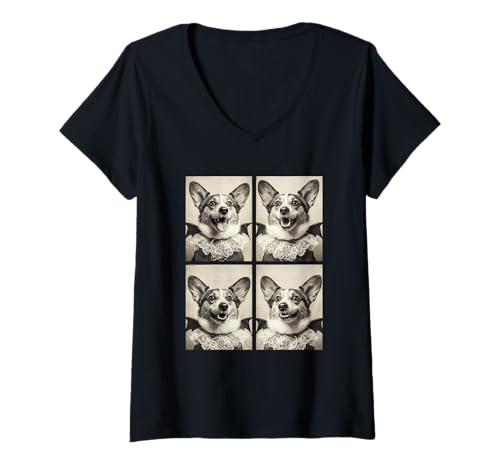 Damen Lustiges Vampir-Corgi-Hundekostüm im Gothic-Stil, Fledermaus-Kostüm T-Shirt mit V-Ausschnitt von Spooky Vampire Animals Halloween Clothing