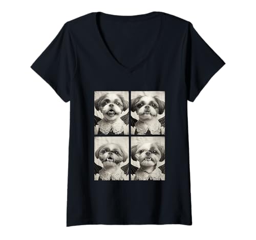 Damen Lustiges Vampir-Kostüm Shih Tzu süßer Hund Gothic Halloween Fledermaus Kostüm T-Shirt mit V-Ausschnitt von Spooky Vampire Animals Halloween Clothing