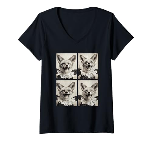 Damen Niedliches Vampir-Fuchs Wald Tier Fledermaus Kostüm Halloween Füchse T-Shirt mit V-Ausschnitt von Spooky Vampire Animals Halloween Clothing