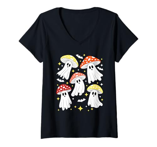 Damen Fliegende Geister Pilzhüte Fledermäuse Halloween T-Shirt mit V-Ausschnitt Damen Fliegende Geister Pilzhüte Fledermäuse Halloween T-Shirt mit V-Ausschnitt von Spooky Vibes Apparel