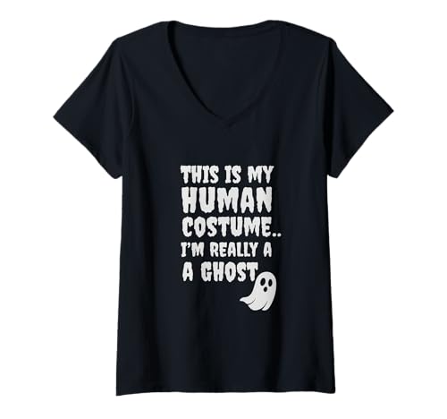 Damen This is My Human Kostüm Lustiger Halloween-Geist T-Shirt mit V-Ausschnitt Damen This is My Human Kostüm Lustiger Halloween-Geist T-Shirt mit V-Ausschnitt von Spooky Vibes Apparel