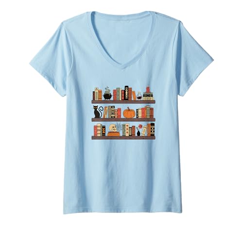 Damen Halloween Bücherregal Gruseljahreshorrorbuch T-Shirt mit V-Ausschnitt von Spooky Vibes Halloween Bookshelf