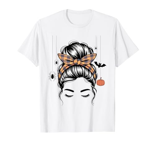 Unordentlicher Haarbrötchen mit Kürbismotiv, gruselig, für Halloween, Damen und Mädchen T-Shirt von Spooky Vibes Halloween Costume Women Girls Kids