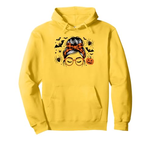 Unordentlicher Haarbrötchen mit Kürbismotiv, gruselig, für Halloween, Damen und Mädchen Pullover Hoodie von Spooky Vibes Halloween Costume Women Girls