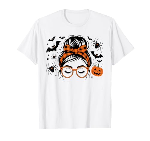 Unordentlicher Haarbrötchen mit Kürbismotiv, gruselig, für Halloween, Damen und Mädchen T-Shirt von Spooky Vibes Halloween Costume Women Girls