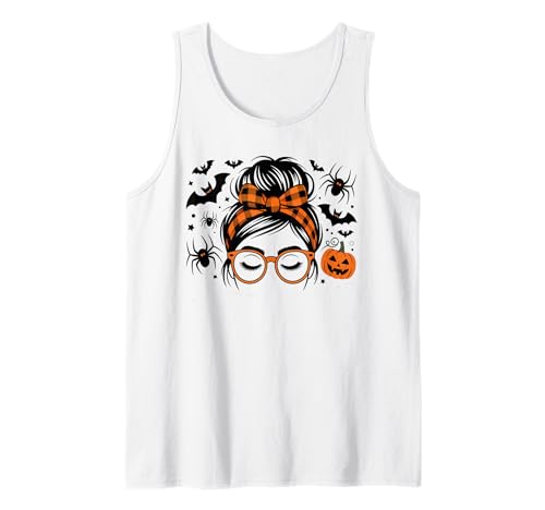 Unordentlicher Haarbrötchen mit Kürbismotiv, gruselig, für Halloween, Damen und Mädchen Tank Top von Spooky Vibes Halloween Costume Women Girls