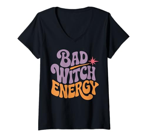Damen Bad Witch Energy Halloween Spirit T-Shirt mit V-Ausschnitt von Spooky Vibes Halloween Witchcraft Fun